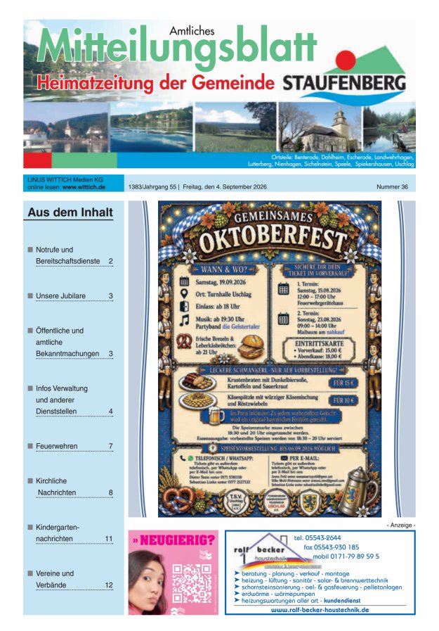 Heimatzeitung der Gemeinde Staufenberg Titelblatt 36/2026