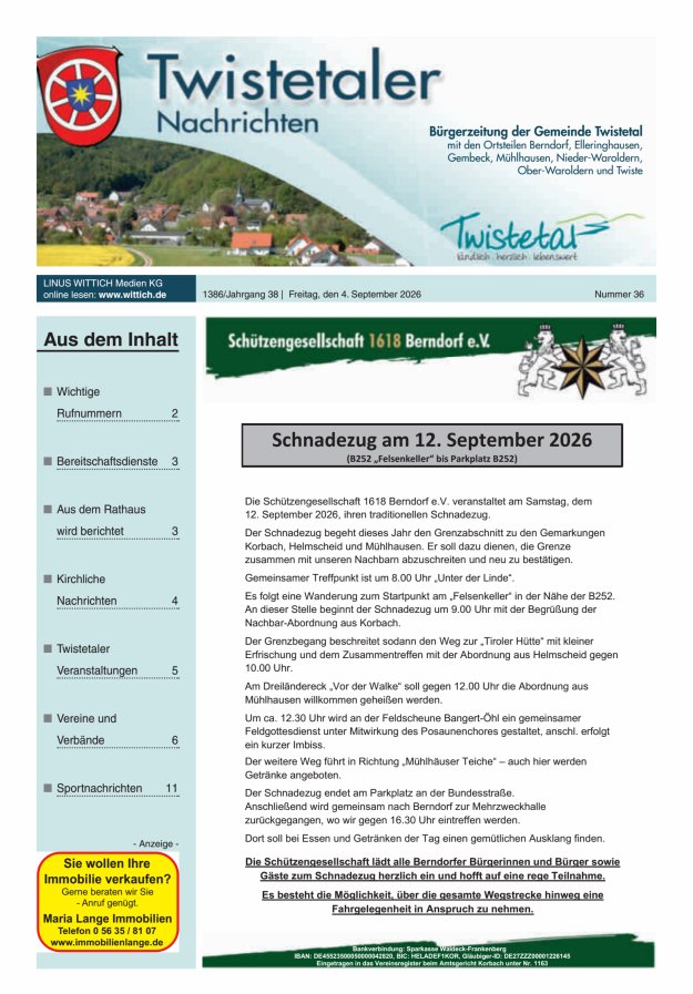 Twistetaler Nachrichten Titelblatt 36/2026