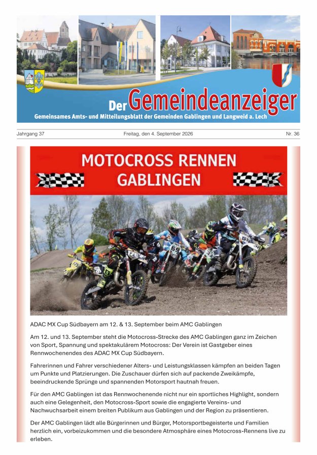 Der Gemeindeanzeiger - Gablingen Langweid Titelblatt 36/2026