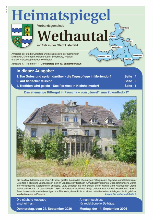 Heimatspiegel Verbandsgemeinde Wethautal mit Sitz in der Stadt Osterfeld Titelblatt 17/2026