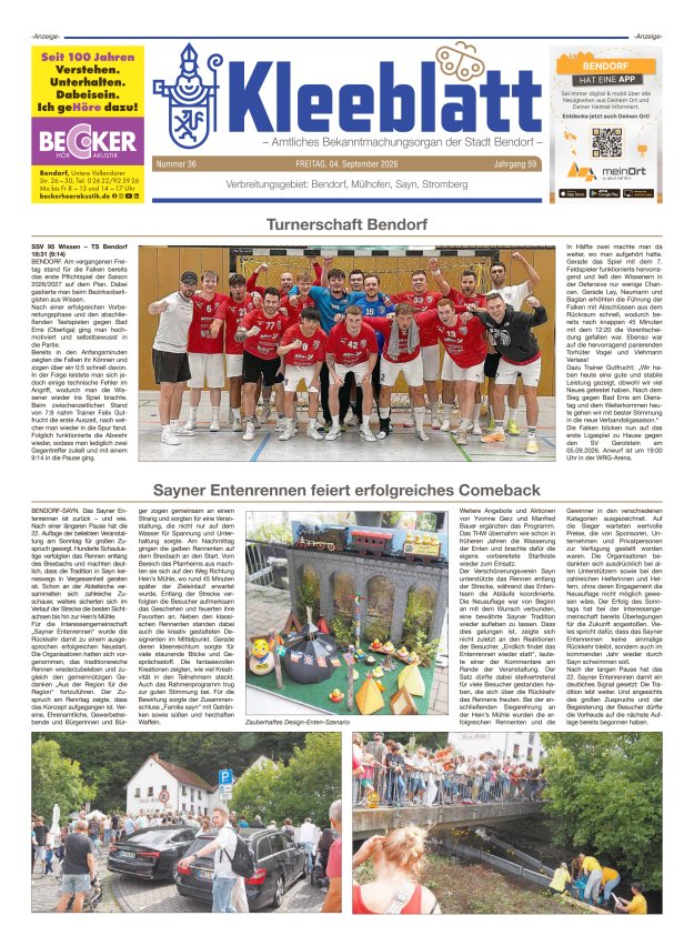 Kleeblatt - Amtliches Bekanntmachungsorgan der Stadt Bendorf Titelblatt 36/2026
