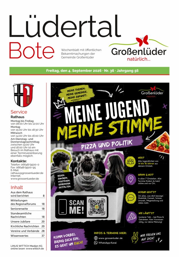 Wochenblatt mit öffentlichen Bekanntmachungen der Gemeinde Großenlüder Titelblatt 36/2026