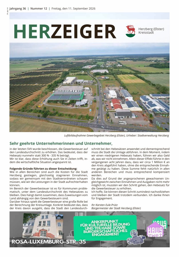 Amtsblatt für die Stadt Herzberg (Elster) mit Bekanntmachungen der Stadt  Titelblatt 12/2026