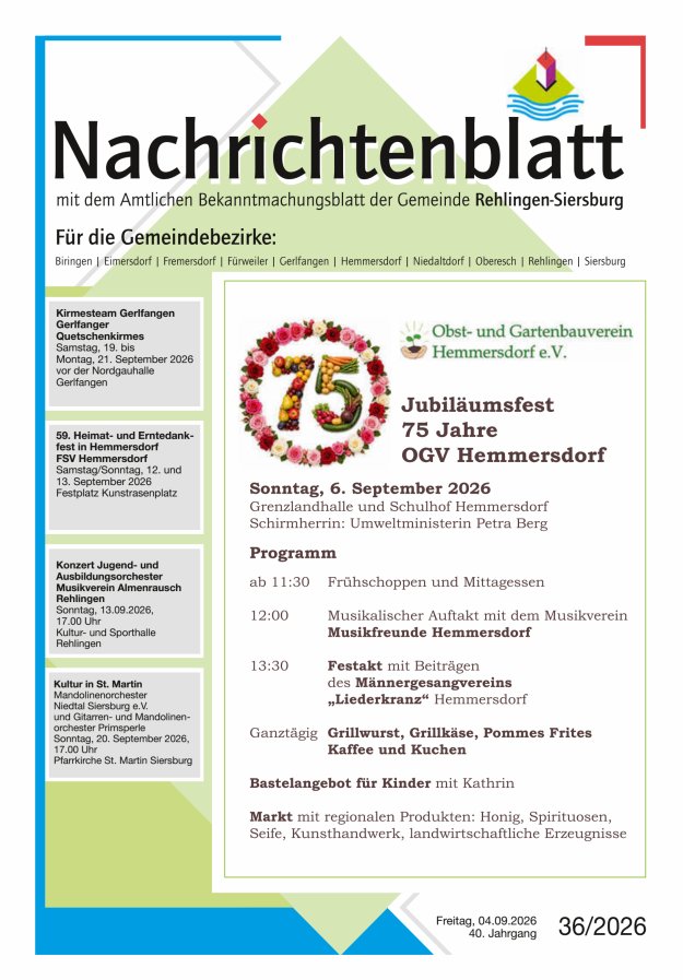 Nachrichtenblatt Rehlingen-Siersburg Titelblatt 36/2026
