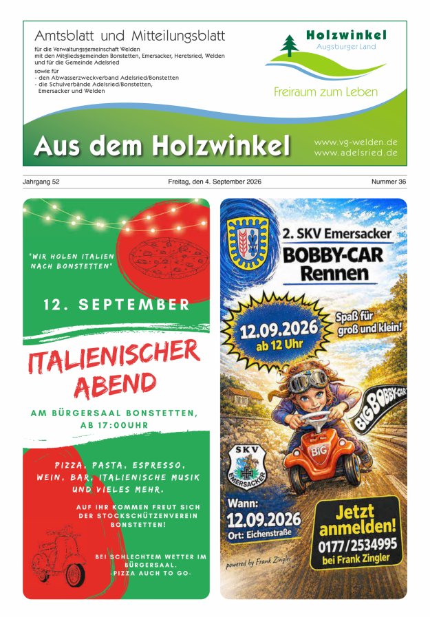 Aus dem Holzwinkel Amtsblatt u Mitteilungsblatt f VG Welden u GemAdelsried Titelblatt 36/2026