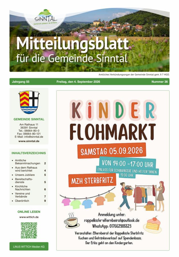 Mitteilungsblatt für die Gemeinde Sinntal Titelblatt 36/2026