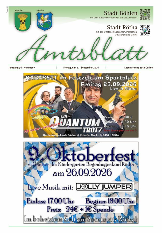 Amtsblatt der Städte Böhlen und Rötha Titelblatt 09/2026