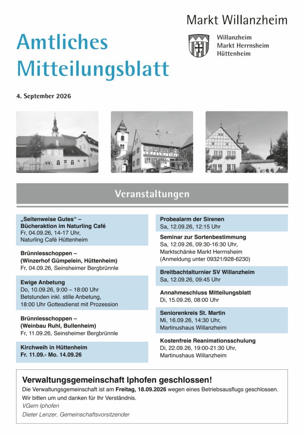 Amtliches Mitteilungsblatt des Marktes Willanzheim Titelblatt 18/2026