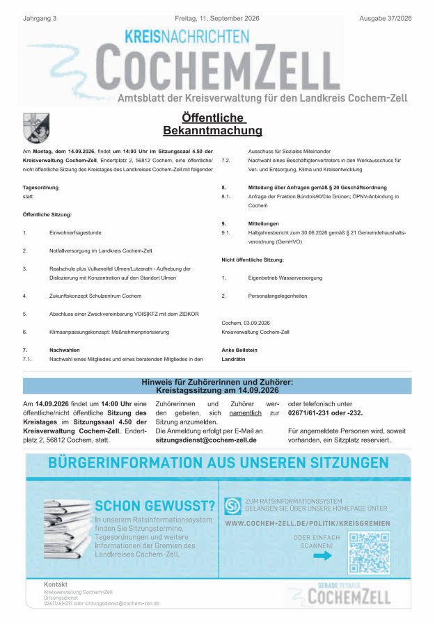 Kreisnachrichten Cochem-Zell Titelblatt 37/2026
