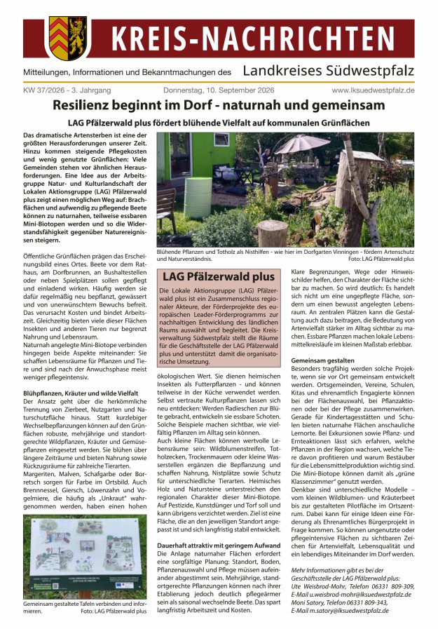 Kreis-Nachrichten - Mitteilungen des Landkreises Südwestpfalz Titelblatt 19/2026