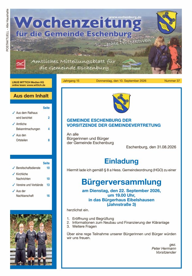 Wochenzeitung für die Gemeinde Eschenburg Titelblatt 37/2026