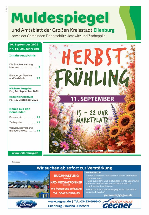 Muldespiegel und Amtsblatt der Großen Kreisstadt Eilenburg und der Gemeinden Titelblatt 18/2026