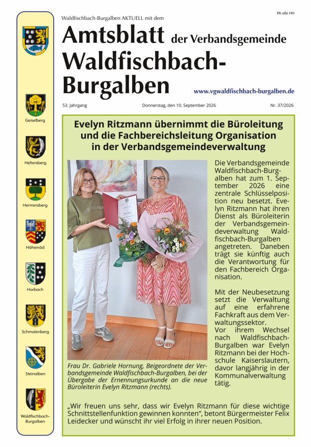 Amtsblatt der Verbandsgemeinde Waldfischbach-Burgalben Titelblatt 37/2026