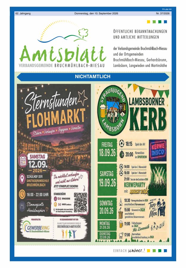Amtsblatt der VG Bruchmühlbach-Miesau Titelblatt 37/2026