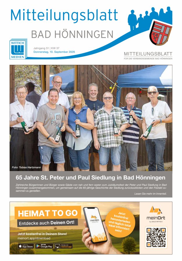 Mitteilungsblatt für den Bereich der Verbandsgemeinde Bad Hönningen Titelblatt 37/2026