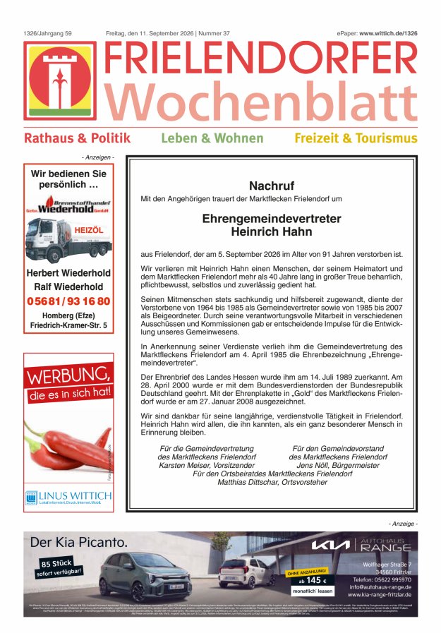Frielendorfer Wochenblatt Titelblatt 37/2026