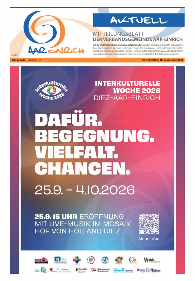 Mitteilungsblatt der Verbandsgemeinde Aar-Einrich Ausgabe Katzenelnbogen Titelblatt 36/2026
