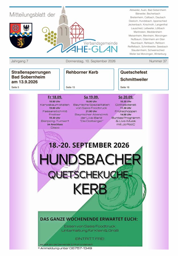 Mitteilungsblatt für die Verbandsgemeinde Nahe-Glan Titelblatt 37/2026
