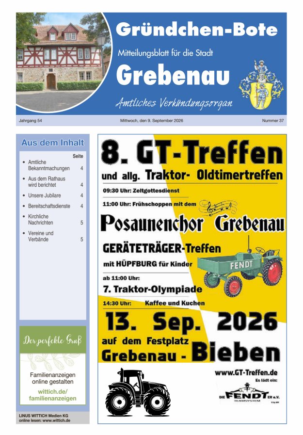 Grebenau - Gründchen Bote - Mitteilungsblatt für die Stadt Grebenau Titelblatt 37/2026