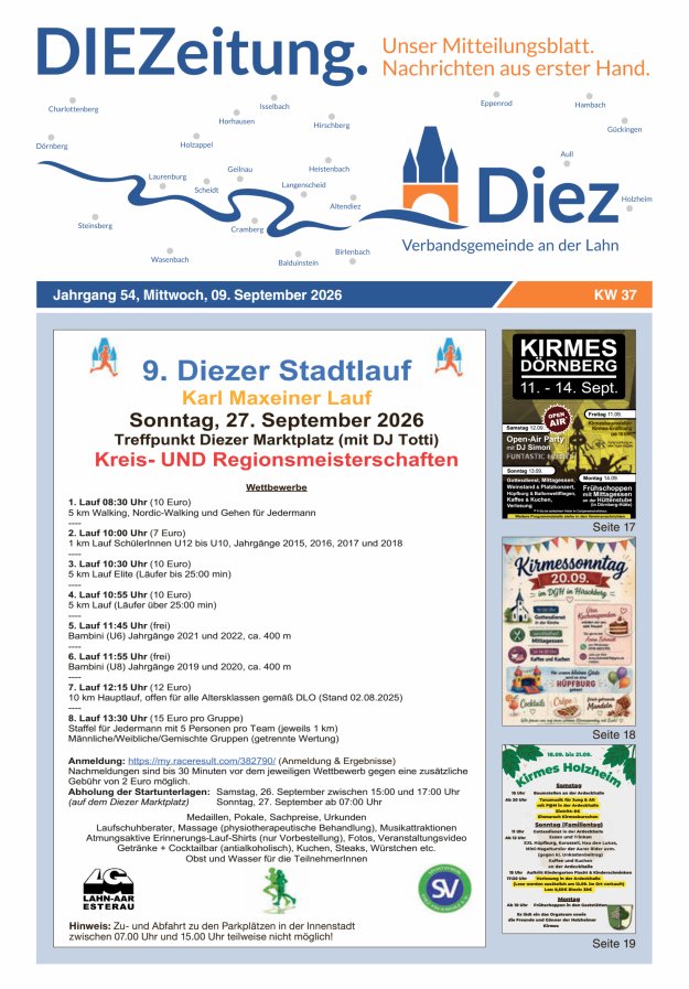 DIEZeitung - Mitteilungsblatt der Verbandsgemeinde Diez  Titelblatt 37/2026