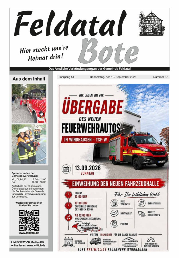 Das Amtliche Verkündungsorgan der Gemeinde Feldatal Titelblatt 37/2026