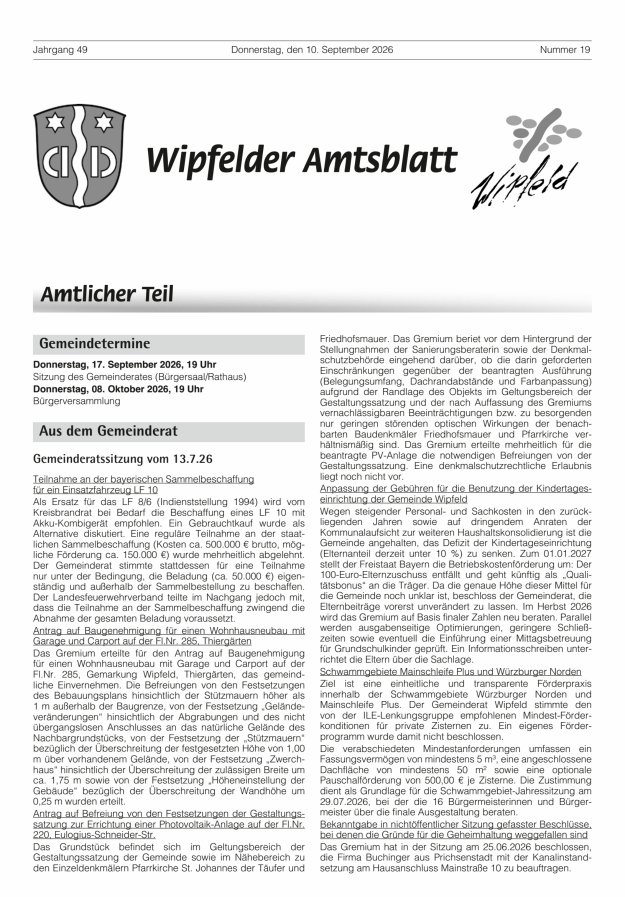 Wipfelder Amtsblatt Titelblatt 19/2026
