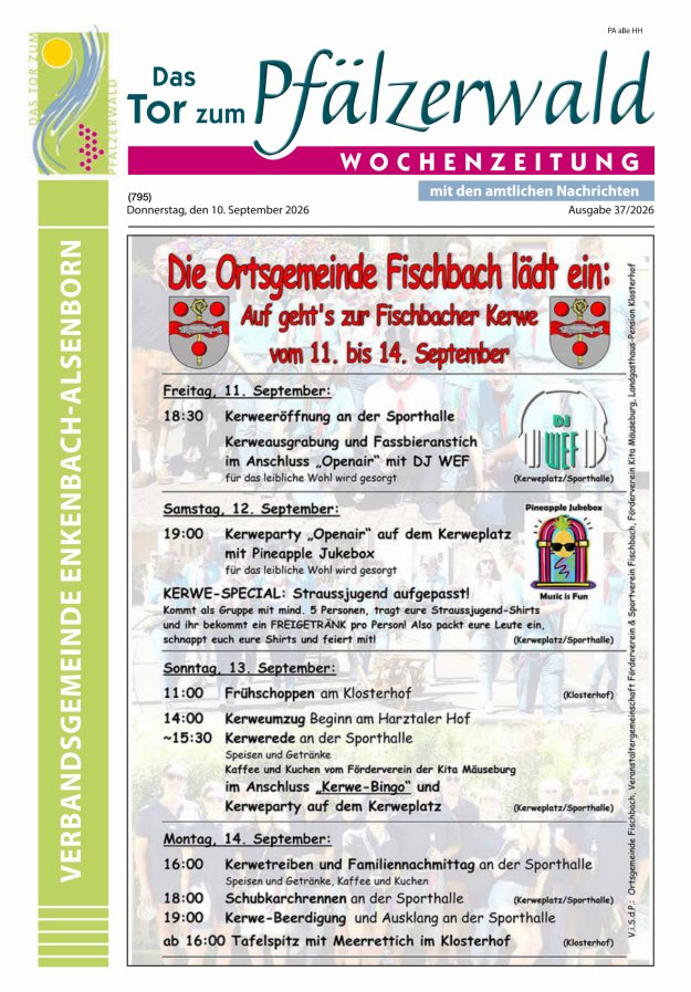 Das Tor zum Pfälzer Wald - VG Enkenbach-Alsenborn Titelblatt 37/2026