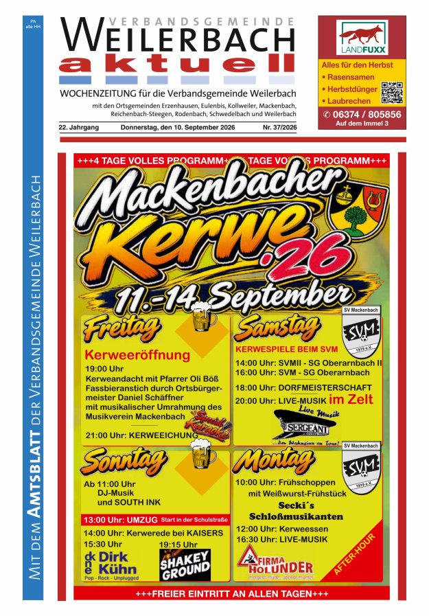 Verbandsgemeinde Weilerbach aktuell Titelblatt 37/2026