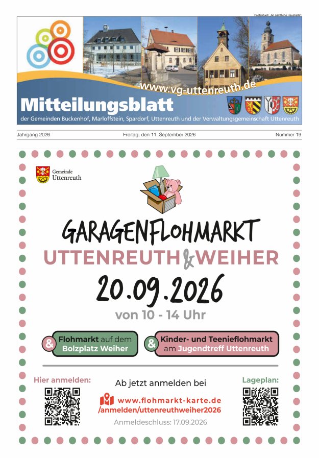 Mitteilungsblatt der Verwaltungsgemeinschaft Uttenreuth Titelblatt 19/2026
