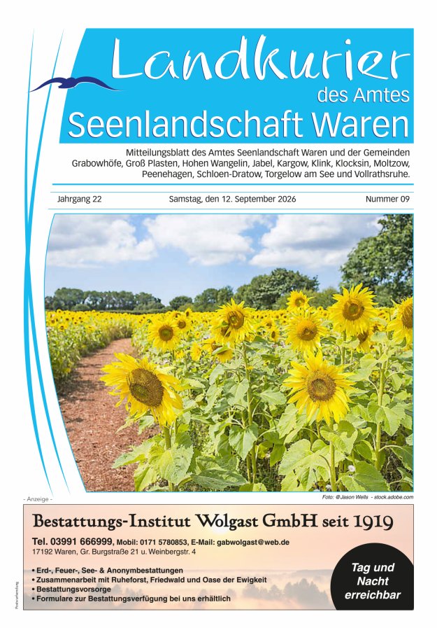 Landkurier des Amtes Seenlandschaft Waren Titelblatt 09/2026