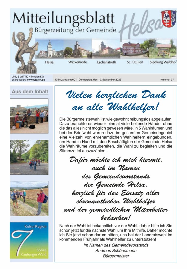 Mitteilungsblatt Helsa Titelblatt 37/2026