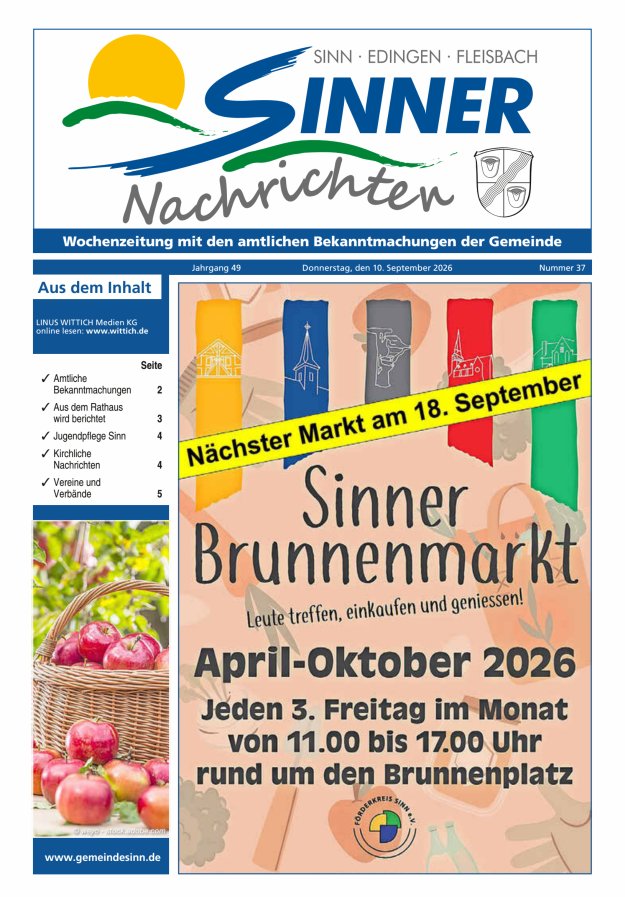 Sinner Nachrichten Titelblatt 37/2026