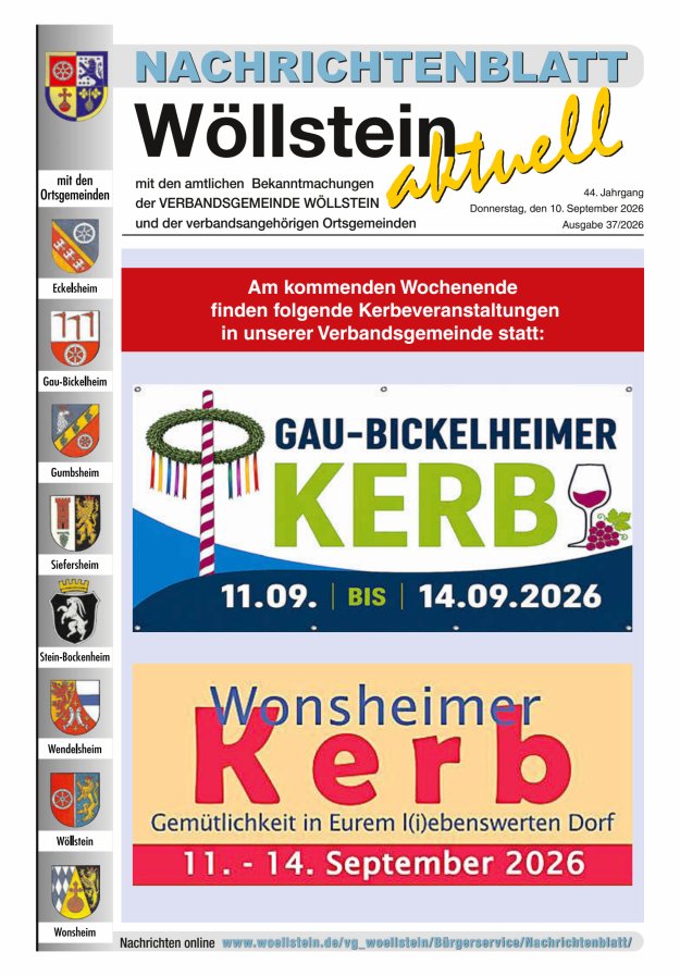 Nachrichtenblatt Wöllstein aktuell Titelblatt 37/2026