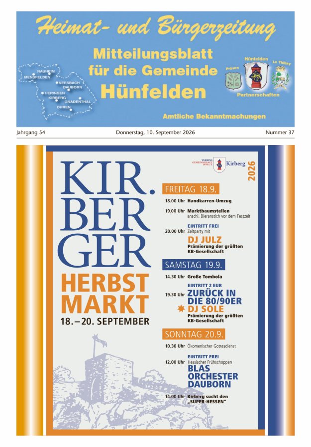 Mitteilungsblatt für die Gemeinde Hünfelden Titelblatt 37/2026