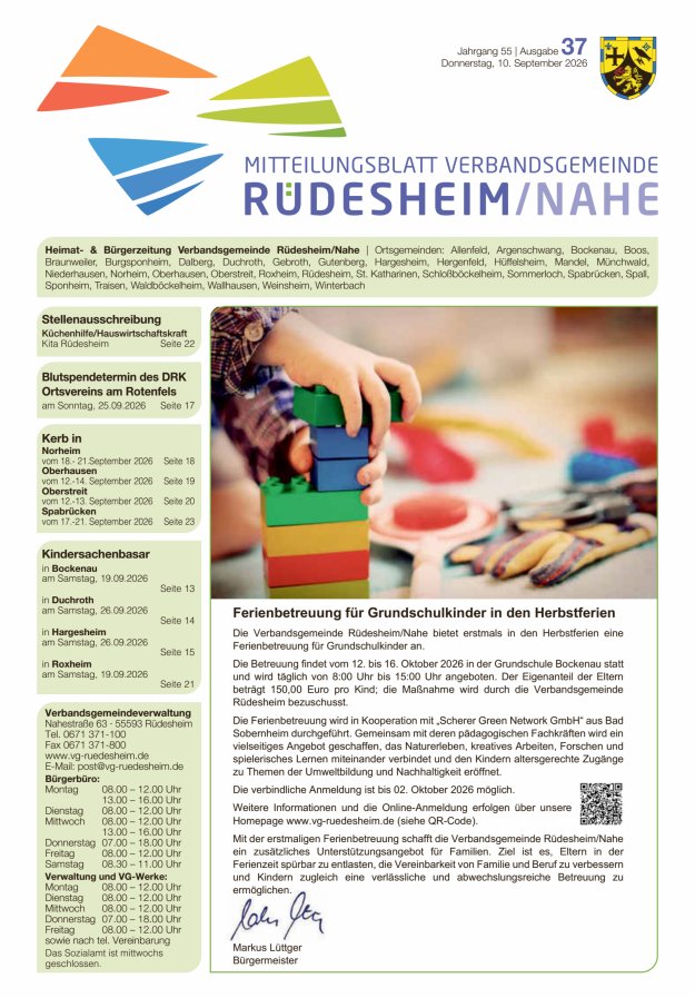 Mitteilungsblatt Verbandsgemeinde Rüdesheim und zugehörige Ortsgemeinden Titelblatt 37/2026