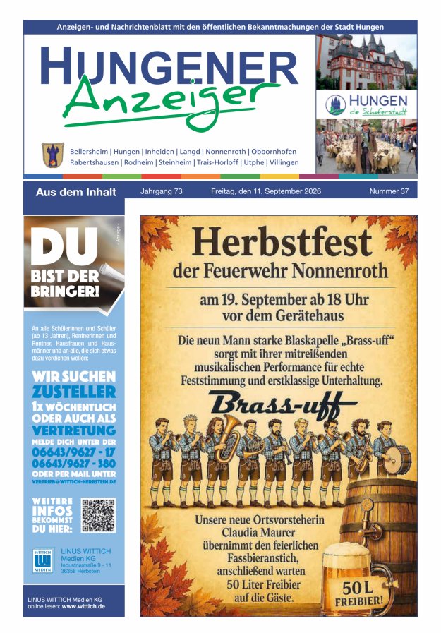 Anzeigen- und Nachrichtenblatt mit den öff  Bekanntmachungen der Stadt Hungen Titelblatt 37/2026