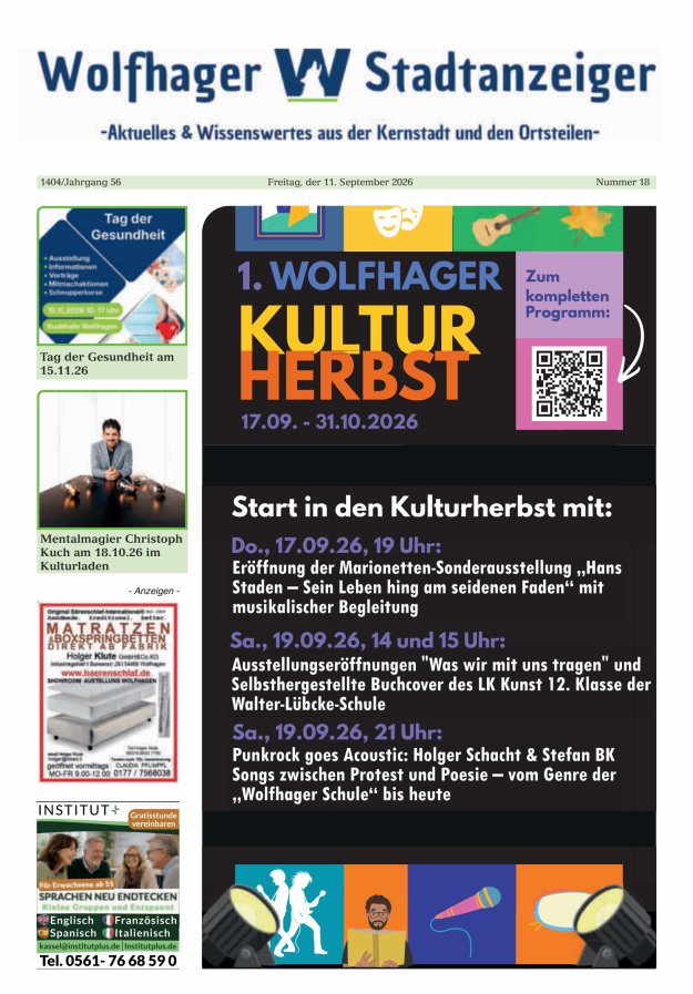 Wolfhager Stadtanzeiger Titelblatt 18/2026