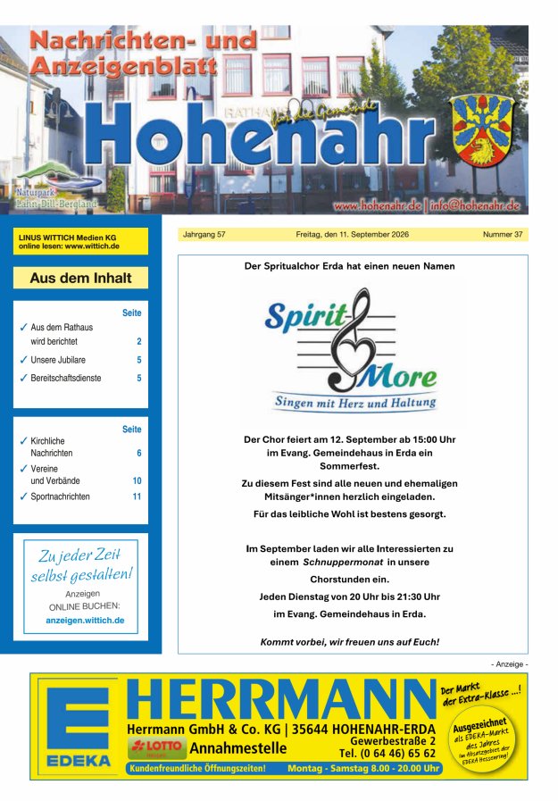 Nachrichten- und Anzeigenblatt für die Gemeinde Hohenahr Titelblatt 37/2026