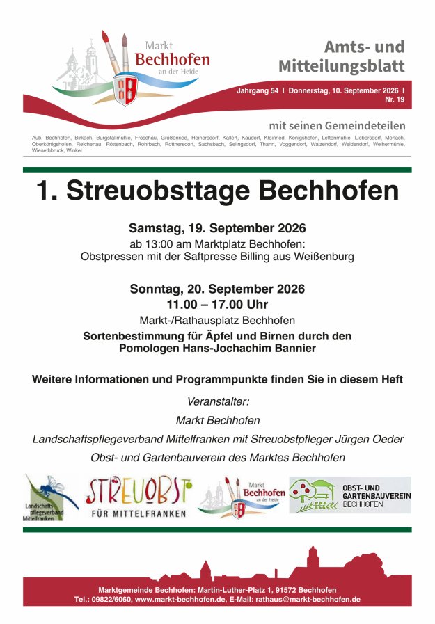 Amts- und Mitteilungsblatt für den Markt Bechhofen Titelblatt 19/2026