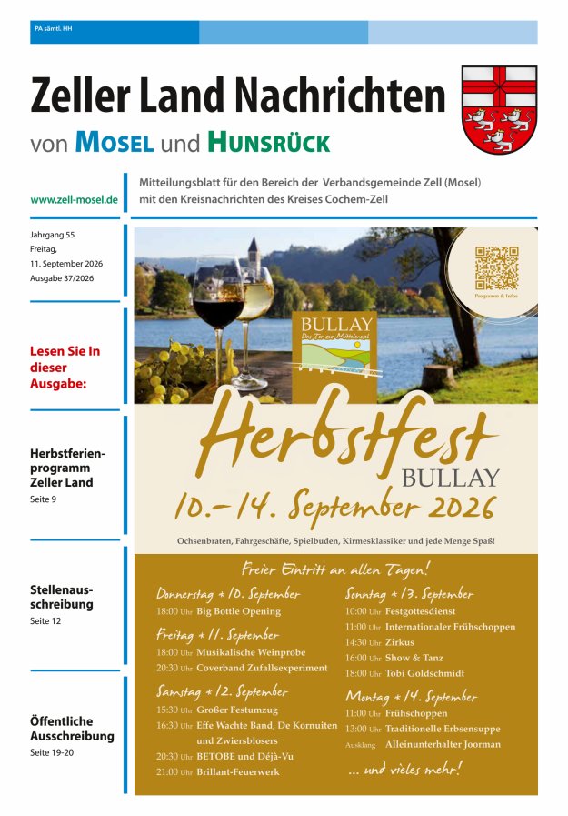 Zeller Land Nachrichten Titelblatt 37/2026