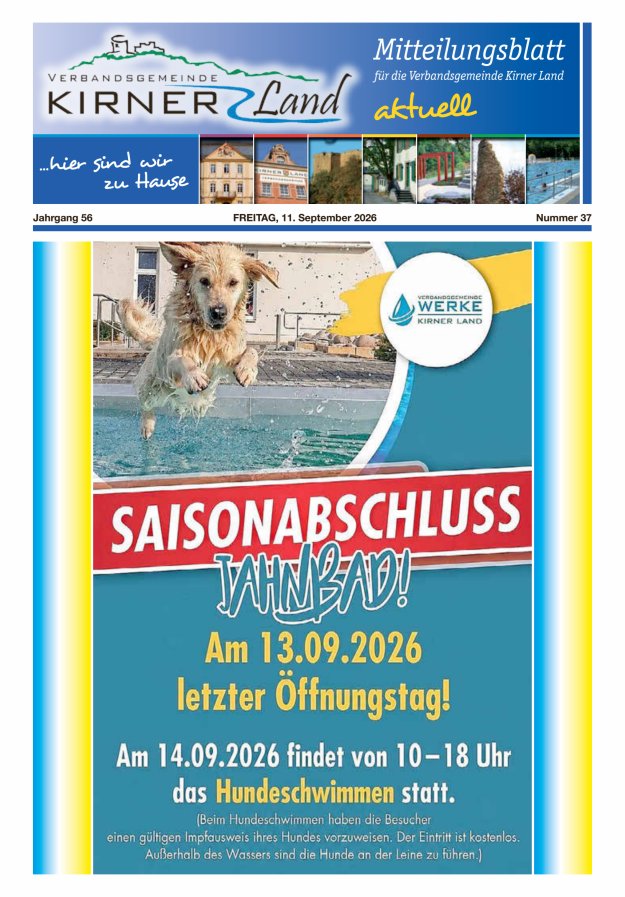 Mitteilungsblatt für den Bereich der Verbandsgemeinde Kirner Land Titelblatt 37/2026