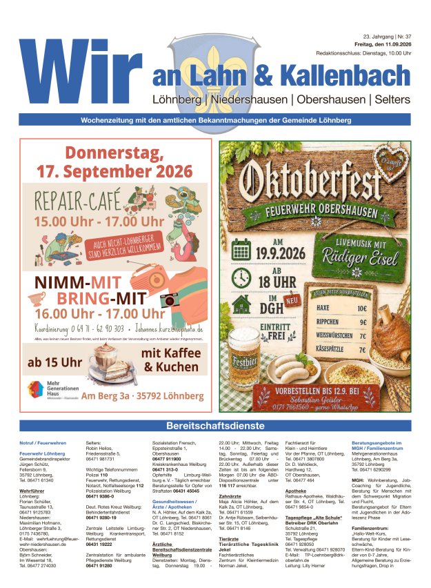 Amtliches Mitteilungsblatt der Gemeinde Löhnberg Titelblatt 37/2026