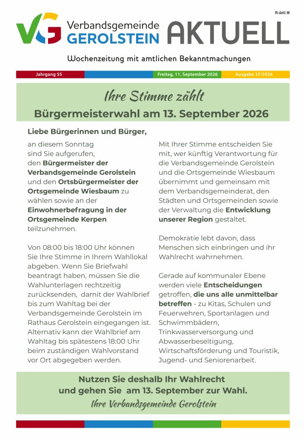 Verbandsgemeinde Gerolstein aktuell Titelblatt 37/2026