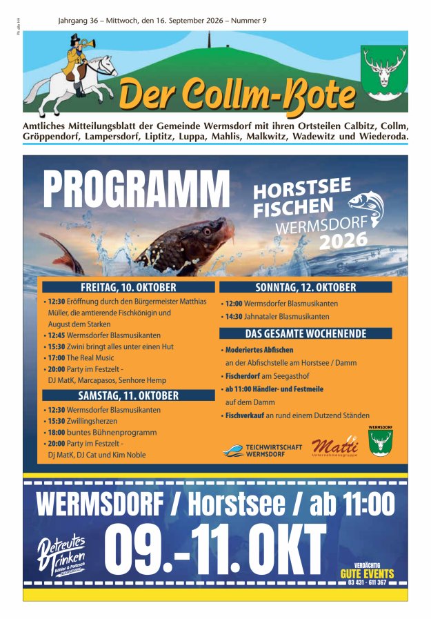 Collm-Bote – Amtliches Mitteilungsblatt der Gemeinde Wermsdorf mit ihren Ortsteilen Titelblatt 09/2026