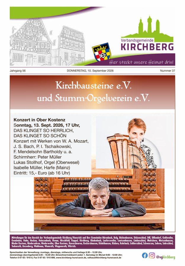 Mitteilungen der Verbandsgemeinde Kirchberg Hunsrück Titelblatt 37/2026