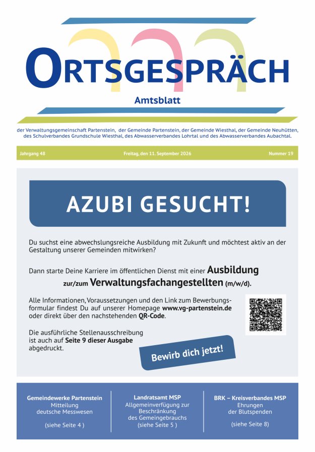 Ortsgespräch - Amtsblatt der VG Partenstein und ihrer Körperschaften Titelblatt 19/2026
