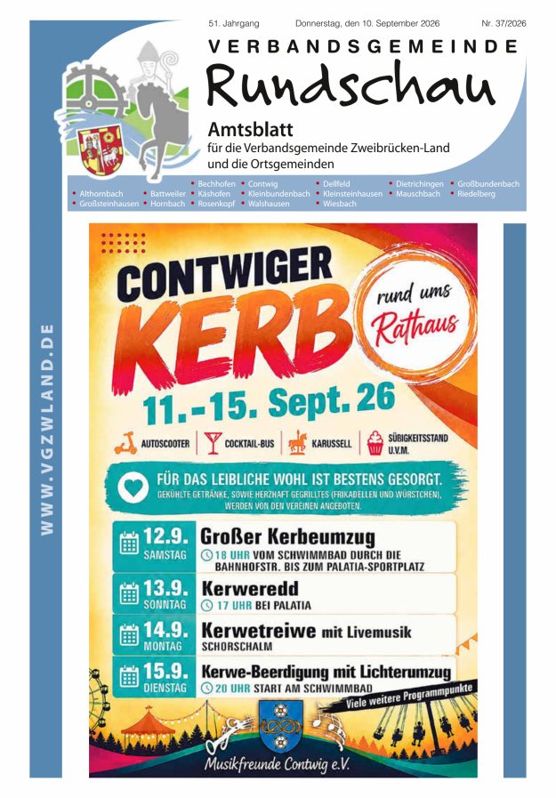 Verbandsgemeinde Rundschau Zweibrücken-Land Titelblatt 37/2026