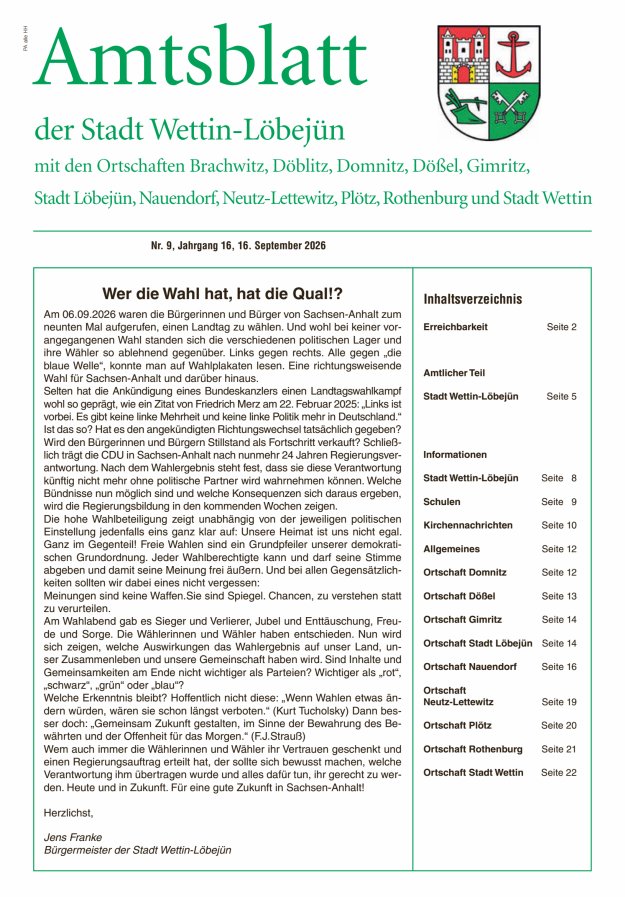Amtsblatt der Stadt Wettin-Löbejün mit den Ortsteilen Titelblatt 09/2026