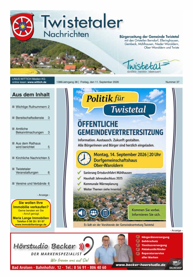 Twistetaler Nachrichten Titelblatt 37/2026