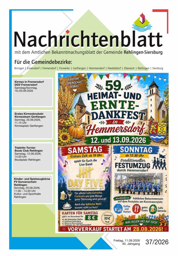 Nachrichtenblatt Rehlingen-Siersburg Titelblatt 37/2026